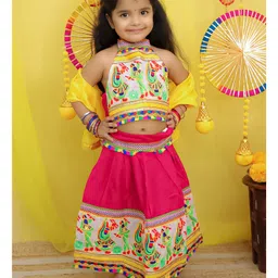 BownBee Pure Cotton Navratri Theme Sleeveless Kutch Embroidered & Mirror Work Embellished Chaniya Choli With Dupatta Set - Pink-picture-8