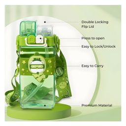 Elecart Bear Double Drinking Sipper Water Bottle with Adjustable Strap, Portable, Lightweight, Secure Locking Lid - 520 ml - Green image 2