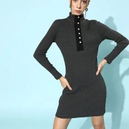 KASSUALLY Grey Cotton Textured A Line Dress-image-29