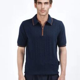 Rare Rabbit Navy Regular Fit Textured Polo T-Shirt-17