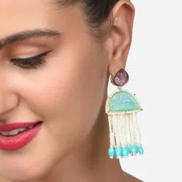 Zaveri Pearls Turquoise & Purple Stone Embellished Beaded Strings Fringe Drop Earring-ZPFK14826 image 2