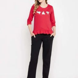 Clovia Red Cotton Regular Fit Printed Top & Pyjama Set-picture-20