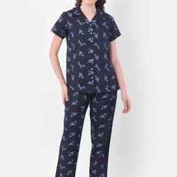 Clovia Navy Floral Print Shirt & Pyjama Set-image-51