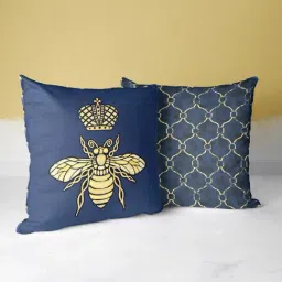 Bianca Floral Navy Blue & Gold Microfibre Cushion Covers - Set of 2-1