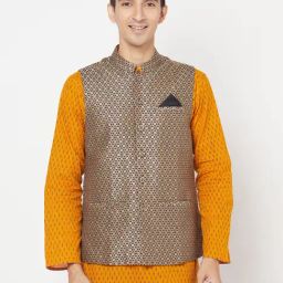 Fabindia Black & Gold Sleeveless Mandarin Collar Nehru Jacket-image-1