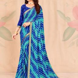 Satrani Blue & Turquoise Leheriya Print Saree With Unstitched Blouse-image-60