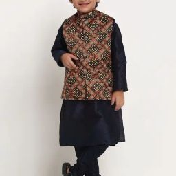 Benstoke Kids Navy & Brown Printed Full Sleeves Kurta Set-image-98