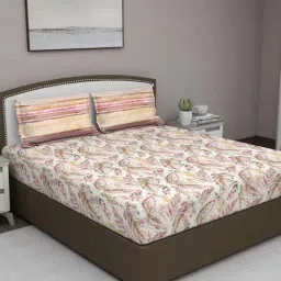 GM 'Fiesta' Beige & Red Cotton 180 TC Double Bedsheet with 2 Pillow Covers-image-34