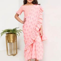 Global Desi Girl Kids Pink Floral Print Saree with Top-image-8
