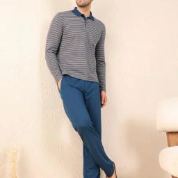 Sweet Dreams Grey & Blue Regular Fit Stripes Lounge Set-picture-37