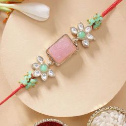 Karatcart Beautiful Pink Carved Stone & Lime Green Crystal Kundan Rakhi for Brother with Roli Chawal-10