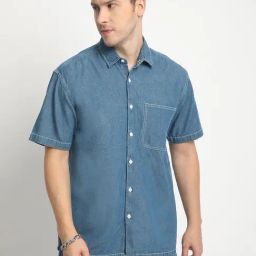 BENE KLEED Blue Cotton Boxy fit Solid Denim Shirt-image-84