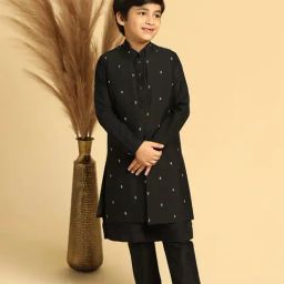 KISAH Boys Black Embroidered Kurta Jacket Pyjama Set-image-57