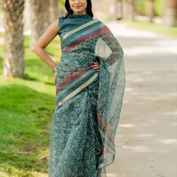 Mirchi Fashion Teal Kota Doria/Polyester Floral Saree With Unstitched Blouse-picture-44