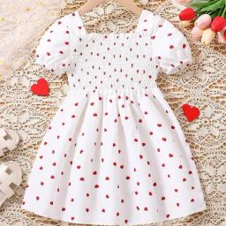 Bolly Lounge Girls Red Cotton Blend Short Sleeves Heart Print Dress-image-91