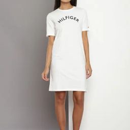 TOMMY HILFIGER White Cotton Graphic Print T Shirt Dress-picture-45