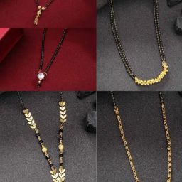 NVR Women's Gold-Plated Black Beaded Mangalsutra - Set of 5-40