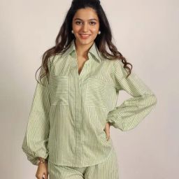 KAORI BY SHREYA AGARWAL Green Cotton Striped Long Sleeves Shirt-image-24