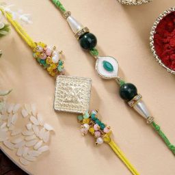 Karatcart Set of 2 Crystal and Green Evil Eye Handmade Kundan Rakhi for Brother with Roli & Chawal-75