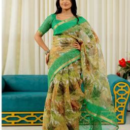 Mirchi Fashion White Kota Doria/Polyester Leaf Saree With Unstitched Blouse-picture-47