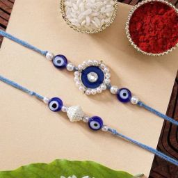 Karatcart Set of 2 Blue Meena Evil Eye Handmade Kundan Rakhi for Brother with Roli & Chawal-17