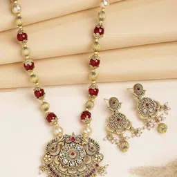 KARATCART Gold-Plated Kundan Studded & Red Beaded Rani Haar Jewellery Set-image-95