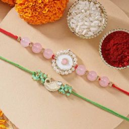 Karatcart Set of 2 Pink Beads Green Fish Shape Handmade Kundan Rakhi for Brother with Roli & Chawal-51