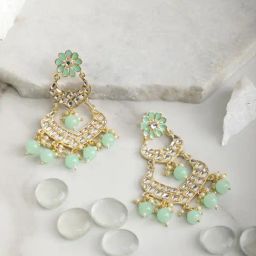 Priyaasi Turquoise Blue Pearls Kundan Beads Gold-Plated Traditional Dangler Earrings-image-9