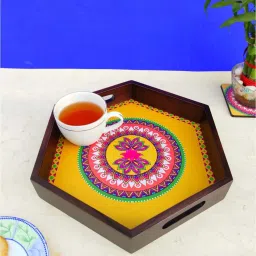 Crayton Multicolour Teak Wood Hexagon Serving Tray - Set of 1 image 1