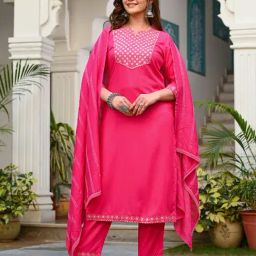 Indi Inside Pink Embroidered Kurta With Pant & Dupatta-image-12