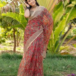 Mirchi Fashion Red Kota Doria/Polyester Block Saree With Unstitched Blouse-image-28