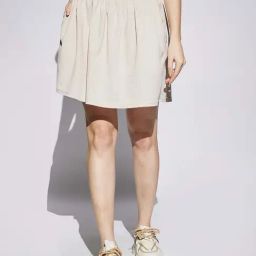 Globus Women Beige Self Design Smocked & Pleated Waist A-Line Mini Skirt-picture-41