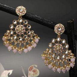 Priyaasi Pink Grey Pearls Kundan Gold-Plated Dangler Earrings-47