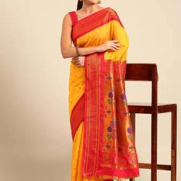 Varkala Silk Sarees Yellow & Red Woven Saree With Unstitched Blouse-image-84