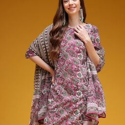 HERE&NOW Ethnic Motifs Print Pure Cotton Straight Kurta with Trousers & Dupatta-47