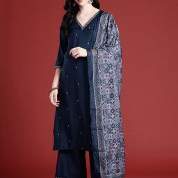 Anouk Floral Woven Design Zari Work Kurta with Palazzos & With Dupatta image 4