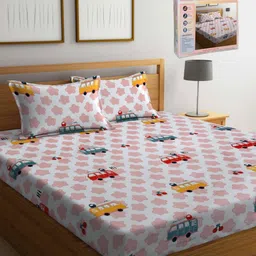FABINALIV Pink & White Cartoon Characters 300 TC King Bedsheet with 2 Pillow Covers-48