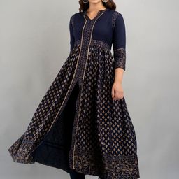 HERE&NOW Women Ethnic Motifs Printed Pleated Kurta with Trousers-24