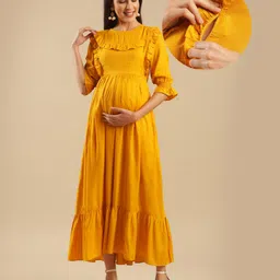 Shades Of Sabi Three Fourth Puffed Sleeves Solid Ruffle Detailed Yoke Fit & Flare Maternity Dress With Vertical Concealed Zipper Nursing Access - Yellow-picture-47