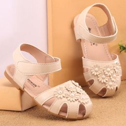 Cute Walk by Babyhug Velcro Closure Peep Toes with Floral Applique - Beige-picture-47