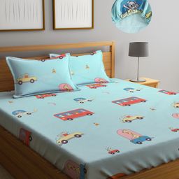 FABINALIV Cartoon Print 300 TC Cotton Blend King Size Fitted Double Bedsheet with 2 Pillow Covers - Multicolor-26