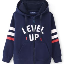 Pine Kids 100% Cotton Knit Full Sleeves Front Open Hooded Biowashed Sweatshirt Text Print - Estate Blue-image-0
