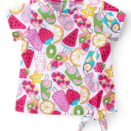 Babyhug 100% Cotton Knit Half Sleeves T-Shirt with Knot Applique & Watermelon Print - White-image-58