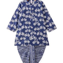 Babyhug 100% Cotton Woven Full Sleeves Kurta & Dhoti Set With Cycle Print - Indigo-image-79