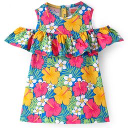Babyhug Single Jersey Knit Cold Shoulder Frock With Floral Print - Blue-image-98