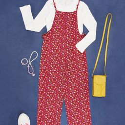 Pantaloons Junior Floral Printed Jumpsuit With Full Sleeves Solid Tee - Brown-image-90