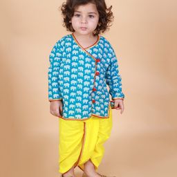 KID1 Cotton Full Sleeves Elephants Printed & Lace Embellished Angrakha Kurta Dhoti -  Sky Blue & Yellow-image-62
