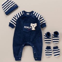 Babyoye Velour Knitted Full Sleeves Solid Dyed Winter Wear Romper With Koala Patch- Dark Blue-image-7