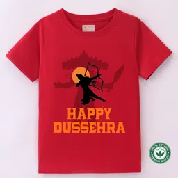 BLUSHES Dussehra Theme 100% Cotton Half Sleeves Happy Dussehra Text Printed Tee - Red-picture-41