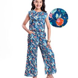 Pine Kids Woven Sleeveless Floral Sequin Embroidered Top & Palazo Set with Frill Detailing - Navy Blue-image-13